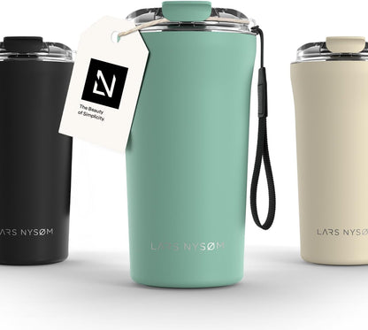 LARS NYSØM Thermo Coffee Mug to go with Strap 13oz | Travel Mug 0.38 Liter with Insulation | Leak Proof Stainless Steel Thermal Tumbler for Coffee and Tea to Go (Pine Green, 12.9oz)