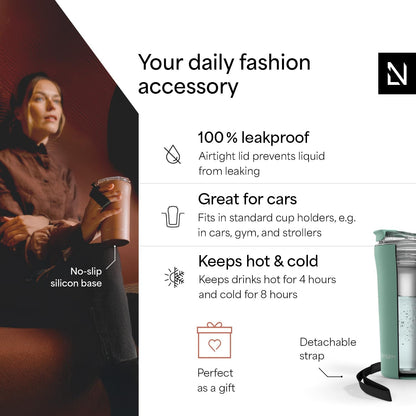 LARS NYSØM Thermo Coffee Mug to go with Strap 13oz | Travel Mug 0.38 Liter with Insulation | Leak Proof Stainless Steel Thermal Tumbler for Coffee and Tea to Go (Pine Green, 12.9oz)