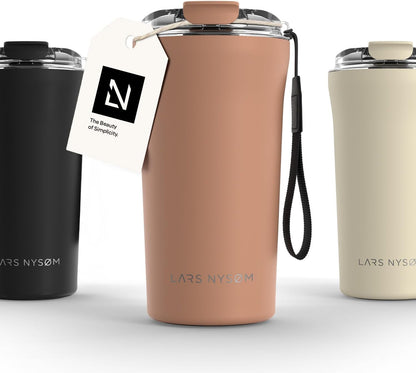 LARS NYSØM Thermo Coffee Mug to go with Strap 13oz | Travel Mug 0.38 Liter with Insulation | Leak Proof Stainless Steel Thermal Tumbler for Coffee and Tea to Go (Pine Green, 12.9oz)