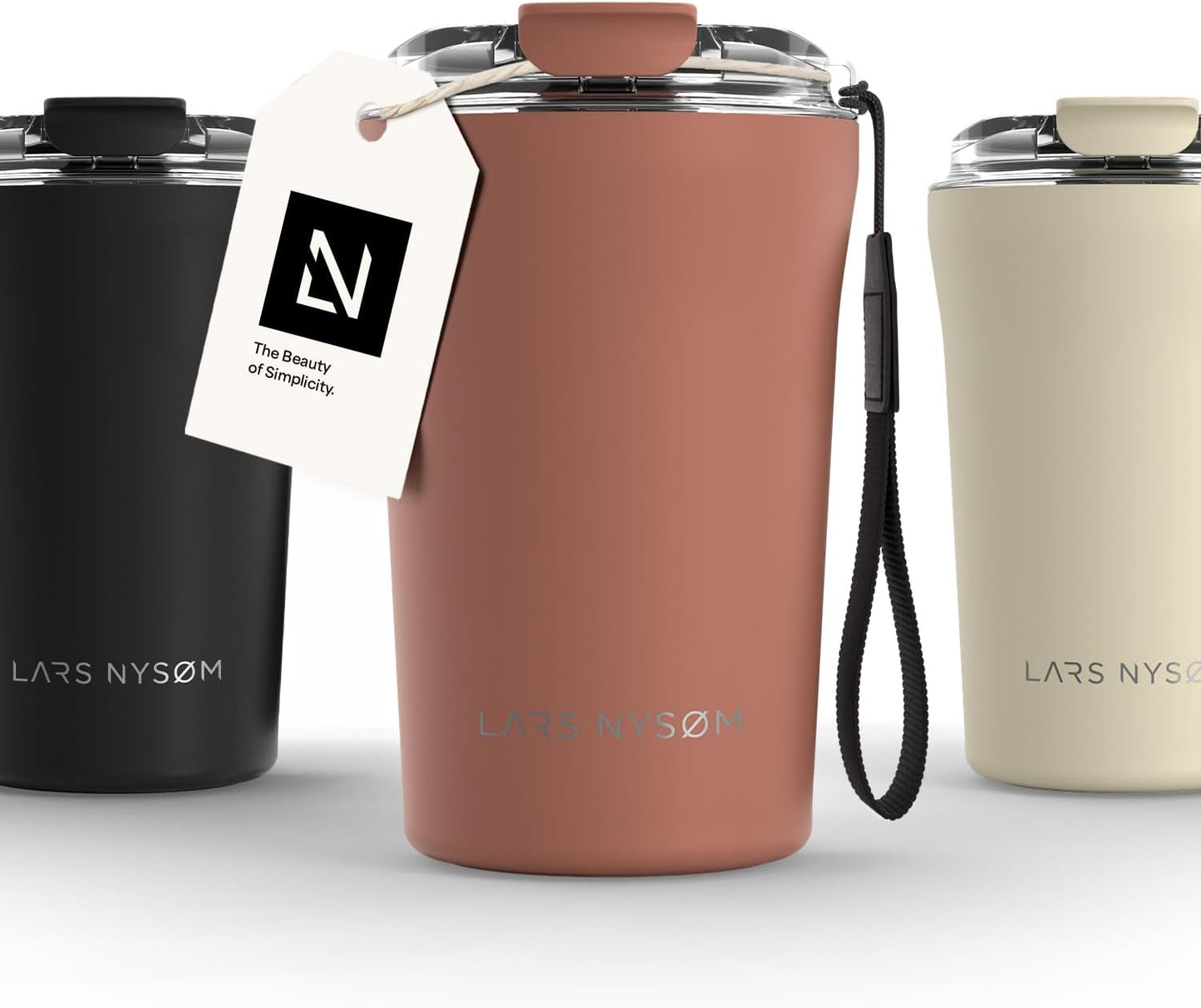 LARS NYSØM Thermo Coffee Mug to go with Strap 13oz | Travel Mug 0.38 Liter with Insulation | Leak Proof Stainless Steel Thermal Tumbler for Coffee and Tea to Go (Pine Green, 12.9oz)