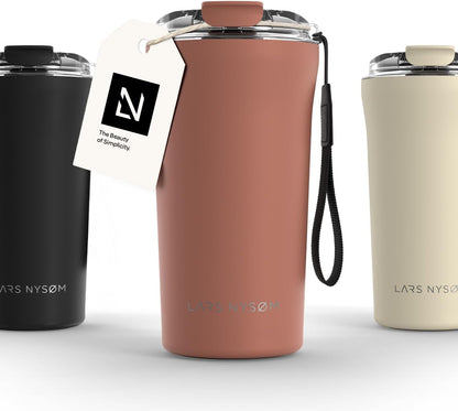 LARS NYSØM Thermo Coffee Mug to go with Strap 13oz | Travel Mug 0.38 Liter with Insulation | Leak Proof Stainless Steel Thermal Tumbler for Coffee and Tea to Go (Pine Green, 12.9oz)