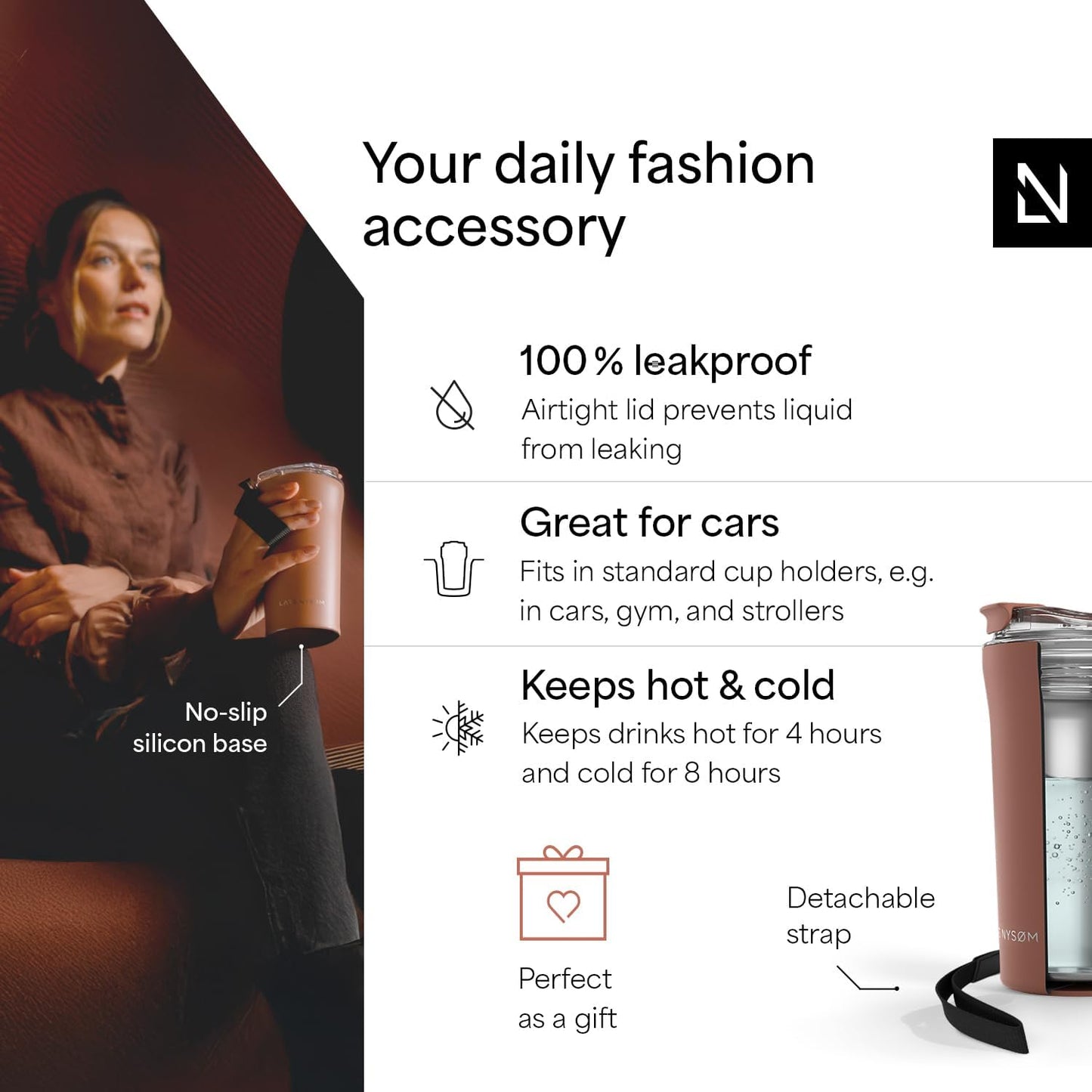 LARS NYSØM Thermo Coffee Mug to go with Strap 13oz | Travel Mug 0.38 Liter with Insulation | Leak Proof Stainless Steel Thermal Tumbler for Coffee and Tea to Go (Pine Green, 12.9oz)