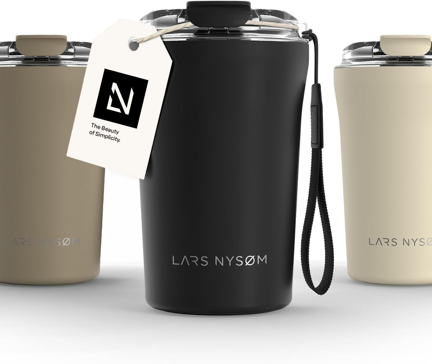 LARS NYSØM Thermo Coffee Mug to go with Strap 13oz | Travel Mug 0.38 Liter with Insulation | Leak Proof Stainless Steel Thermal Tumbler for Coffee and Tea to Go (Pine Green, 12.9oz)