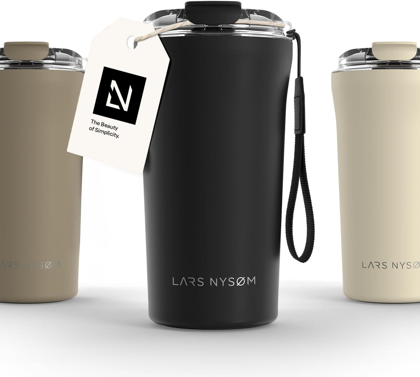 LARS NYSØM Thermo Coffee Mug to go with Strap 13oz | Travel Mug 0.38 Liter with Insulation | Leak Proof Stainless Steel Thermal Tumbler for Coffee and Tea to Go (Pine Green, 12.9oz)