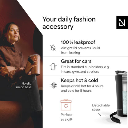 LARS NYSØM Thermo Coffee Mug to go with Strap 13oz | Travel Mug 0.38 Liter with Insulation | Leak Proof Stainless Steel Thermal Tumbler for Coffee and Tea to Go (Pine Green, 12.9oz)