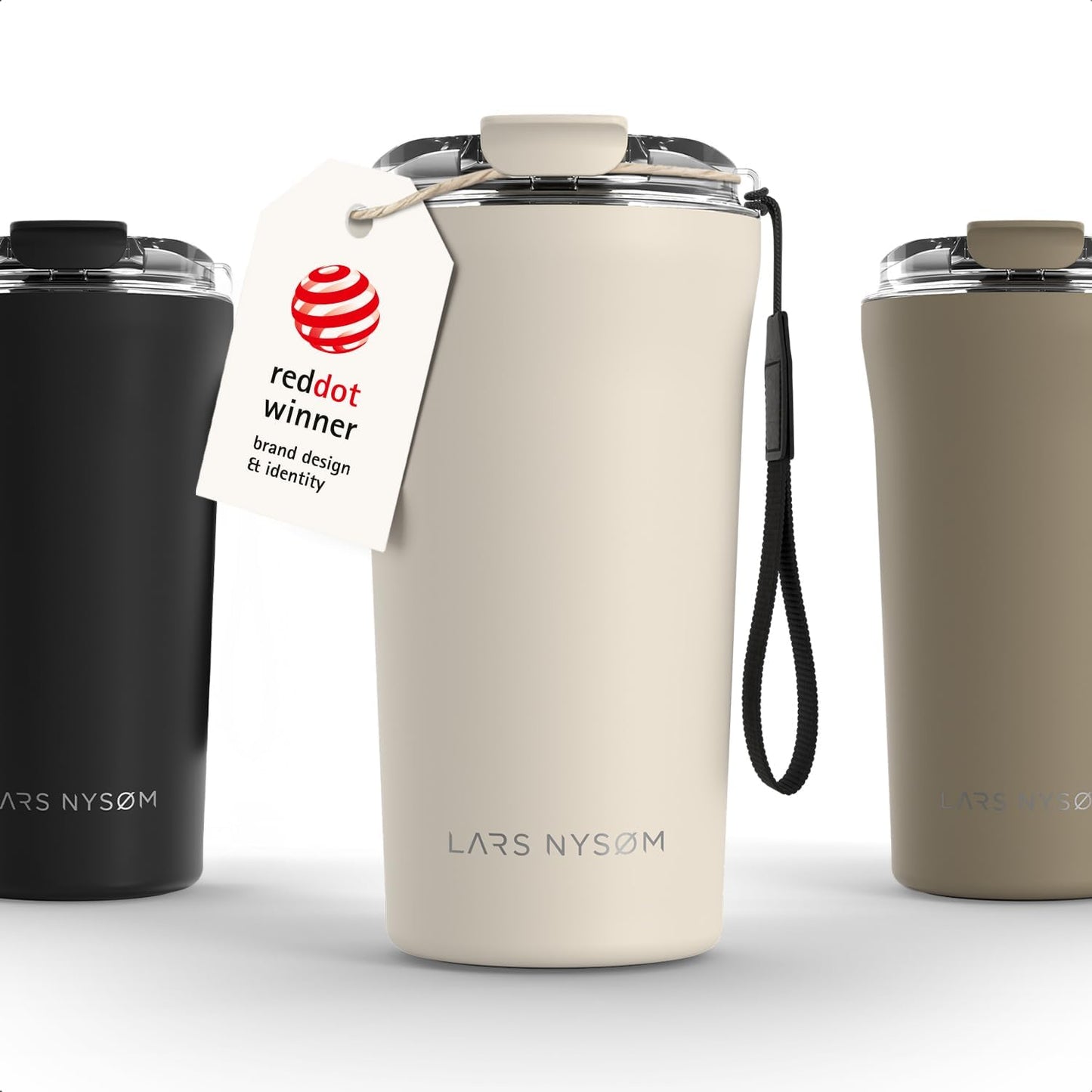 LARS NYSØM Thermo Coffee Mug to go with Strap 13oz | Travel Mug 0.38 Liter with Insulation | Leak Proof Stainless Steel Thermal Tumbler for Coffee and Tea to Go (Pine Green, 12.9oz)