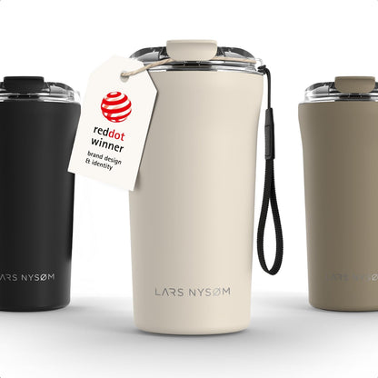 LARS NYSØM Thermo Coffee Mug to go with Strap 13oz | Travel Mug 0.38 Liter with Insulation | Leak Proof Stainless Steel Thermal Tumbler for Coffee and Tea to Go (Pine Green, 12.9oz)