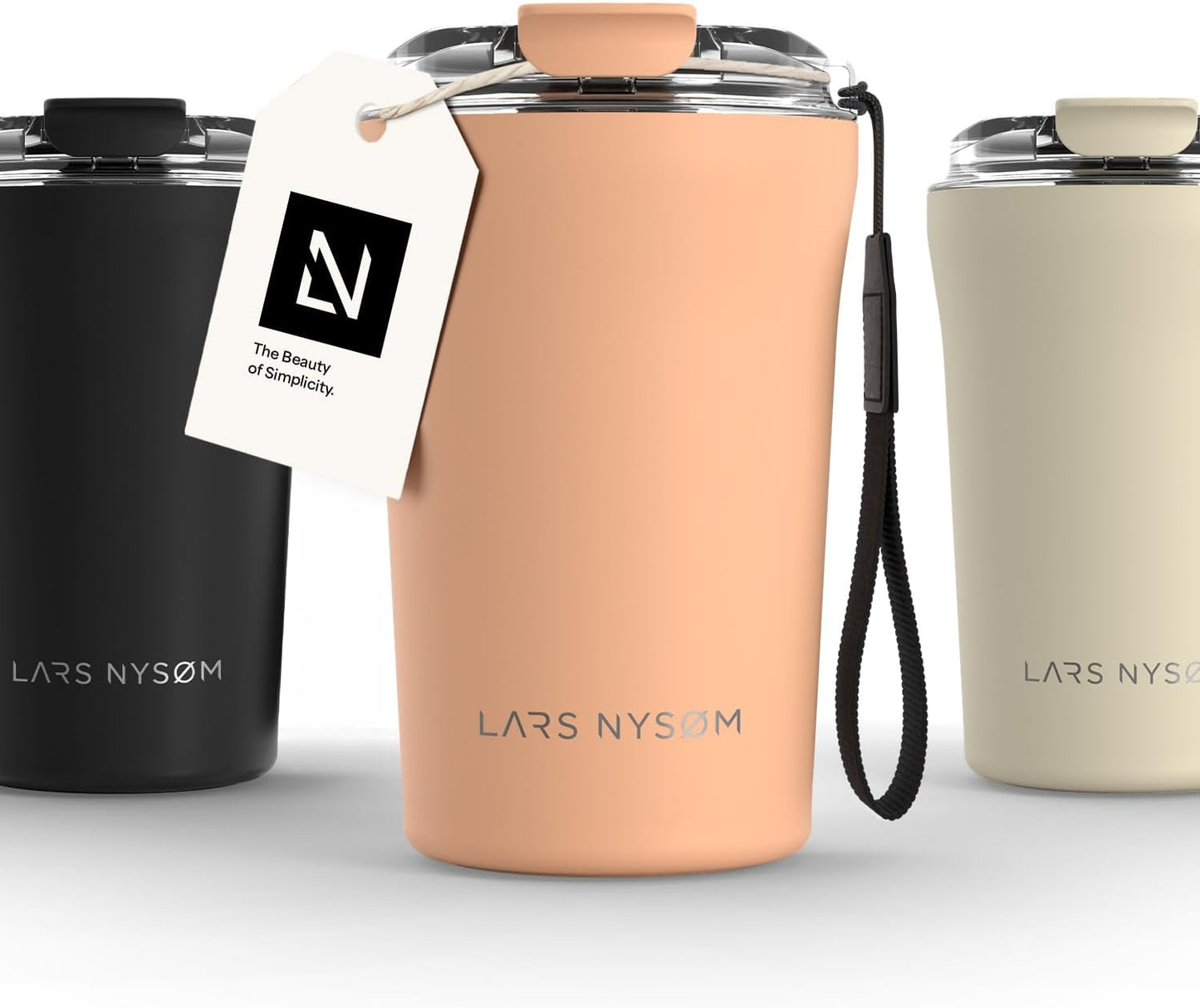 LARS NYSØM Thermo Coffee Mug to go with Strap 13oz | Travel Mug 0.38 Liter with Insulation | Leak Proof Stainless Steel Thermal Tumbler for Coffee and Tea to Go (Pine Green, 12.9oz)