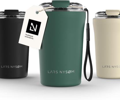 LARS NYSØM Thermo Coffee Mug to go with Strap 13oz | Travel Mug 0.38 Liter with Insulation | Leak Proof Stainless Steel Thermal Tumbler for Coffee and Tea to Go (Pine Green, 12.9oz)