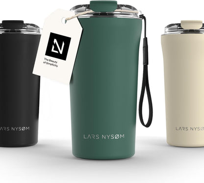 LARS NYSØM Thermo Coffee Mug to go with Strap 13oz | Travel Mug 0.38 Liter with Insulation | Leak Proof Stainless Steel Thermal Tumbler for Coffee and Tea to Go (Pine Green, 12.9oz)