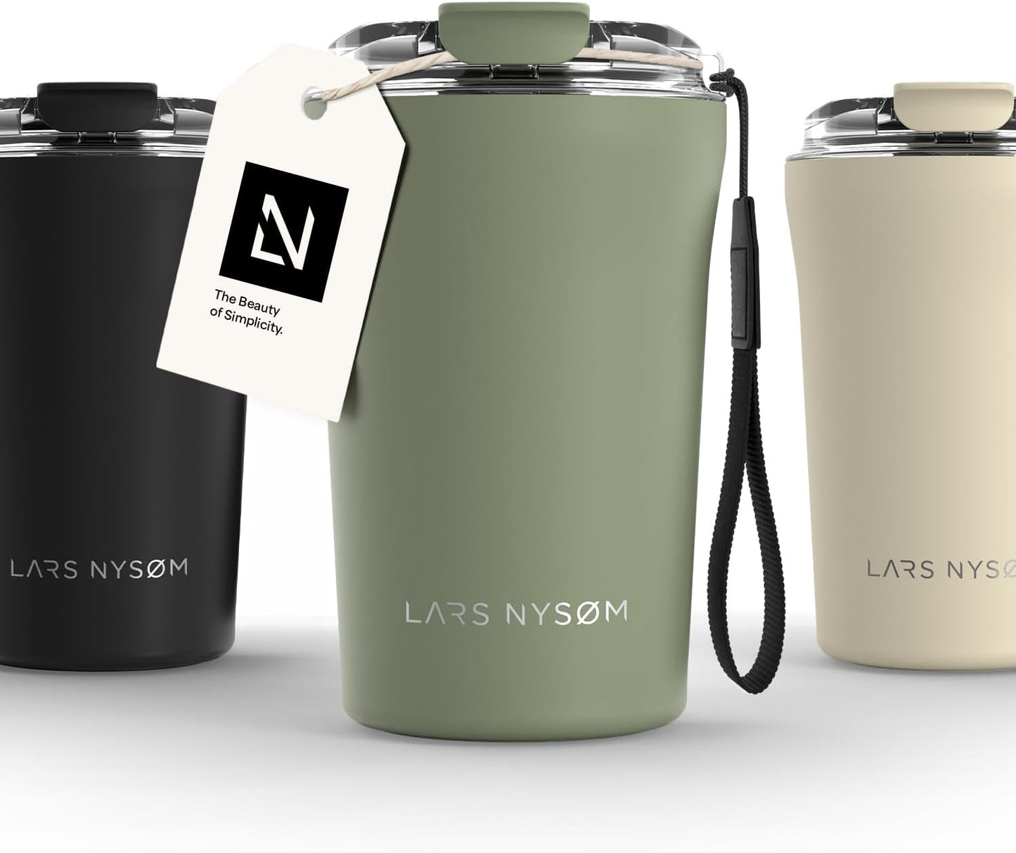 LARS NYSØM Thermo Coffee Mug to go with Strap 13oz | Travel Mug 0.38 Liter with Insulation | Leak Proof Stainless Steel Thermal Tumbler for Coffee and Tea to Go (Pine Green, 12.9oz)