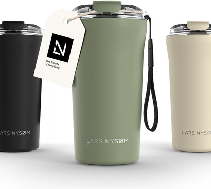 LARS NYSØM Thermo Coffee Mug to go with Strap 13oz | Travel Mug 0.38 Liter with Insulation | Leak Proof Stainless Steel Thermal Tumbler for Coffee and Tea to Go (Pine Green, 12.9oz)
