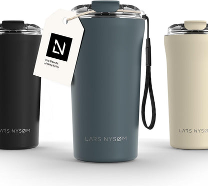 LARS NYSØM Thermo Coffee Mug to go with Strap 13oz | Travel Mug 0.38 Liter with Insulation | Leak Proof Stainless Steel Thermal Tumbler for Coffee and Tea to Go (Pine Green, 12.9oz)