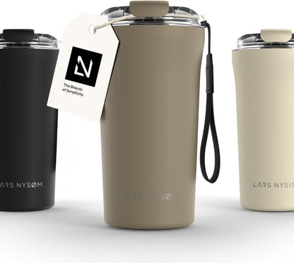 LARS NYSØM Thermo Coffee Mug to go with Strap 13oz | Travel Mug 0.38 Liter with Insulation | Leak Proof Stainless Steel Thermal Tumbler for Coffee and Tea to Go (Pine Green, 12.9oz)