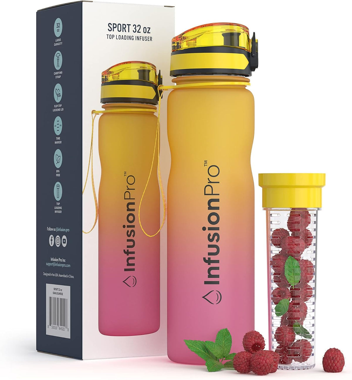 32 oz Fruit Infuser Water Bottle with Time Marker - Flip Top Locking Lid, Insulated Sleeve & 50 Recipe Fruit Infusion Water eBook : Leak Proof : for Gym, Sports, Travel : Unique Gift Idea