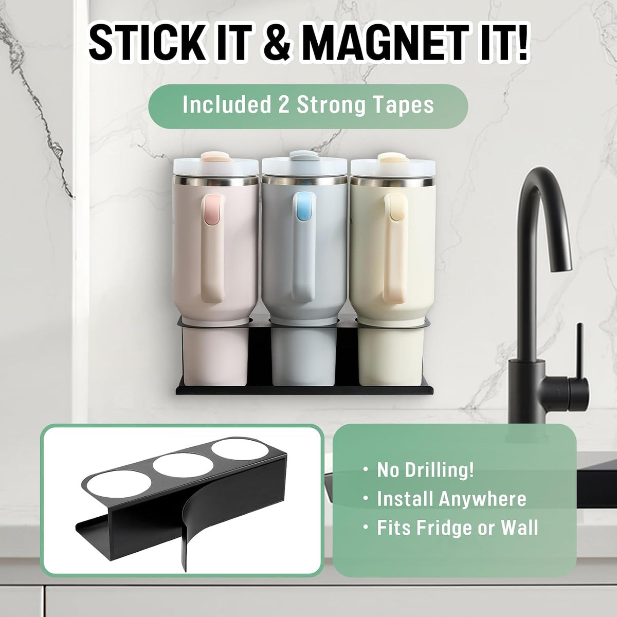 Magnetic Stanley Cup Holder for Fridge, Water Bottle Organizer for Tumbler with Double Sided Tape Hold Stanley Cup Accessories for Kitchen Cabinet Wall