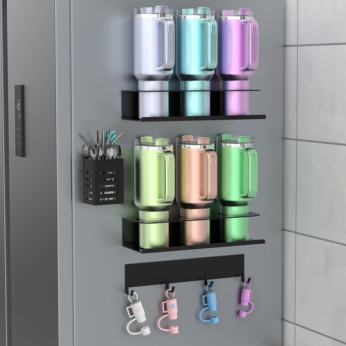 Magnetic Stanley Cup Holder for Fridge, Water Bottle Organizer for Tumbler with Double Sided Tape Hold Stanley Cup Accessories for Kitchen Cabinet Wall