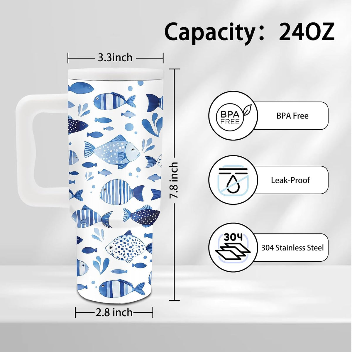 Gifts for Women - 24 oz Blue Tropical Fish Tumbler with Handle and Straw - Insulated Stainless Steel Cup, Leakproof, Cute Ocean Animal Lovers Travel Mug, Fits Car Cup Holders, Keeps Drinks Cold/Hot