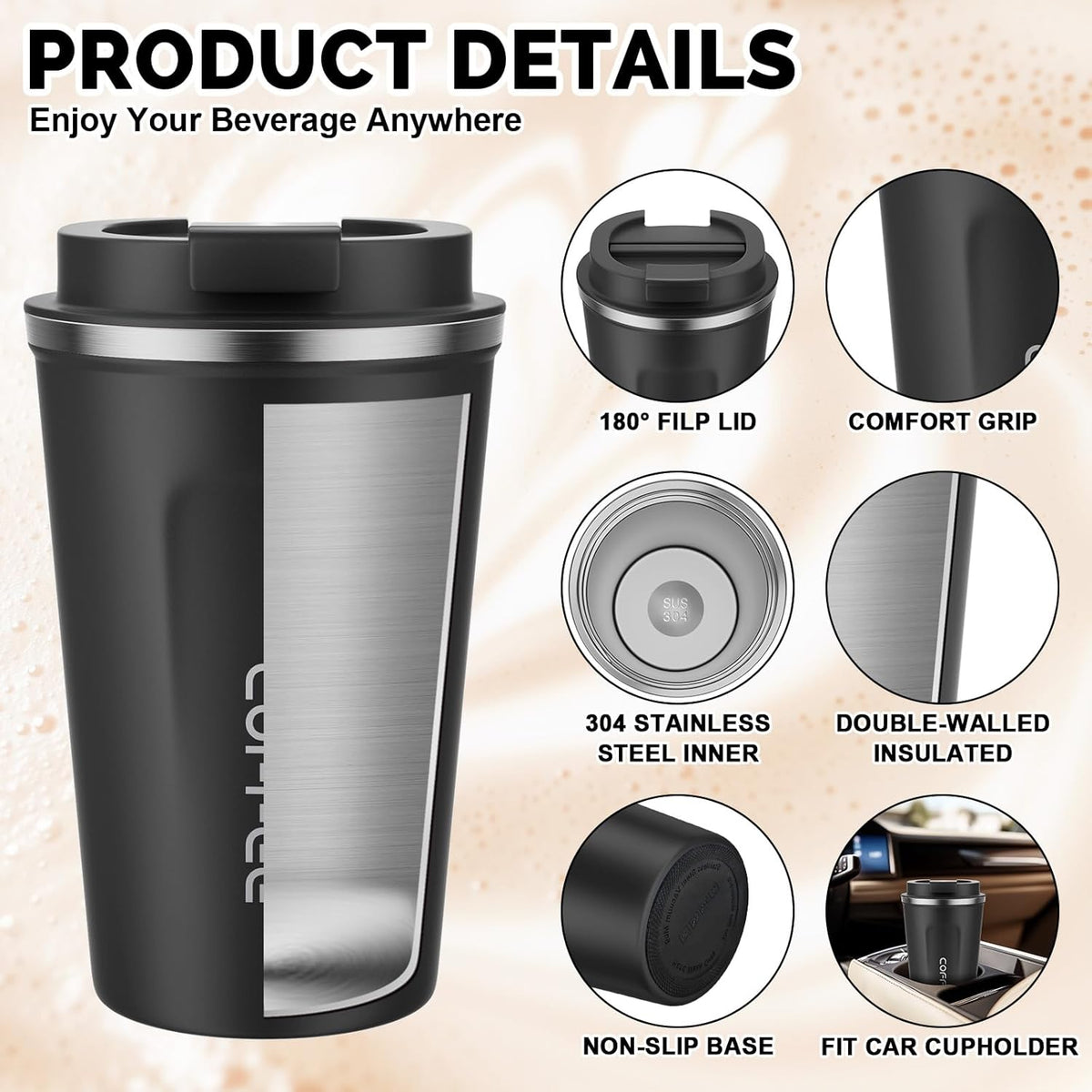 12oz Travel Coffee Mug, Insulated Coffee Cup with Leakproof Lid