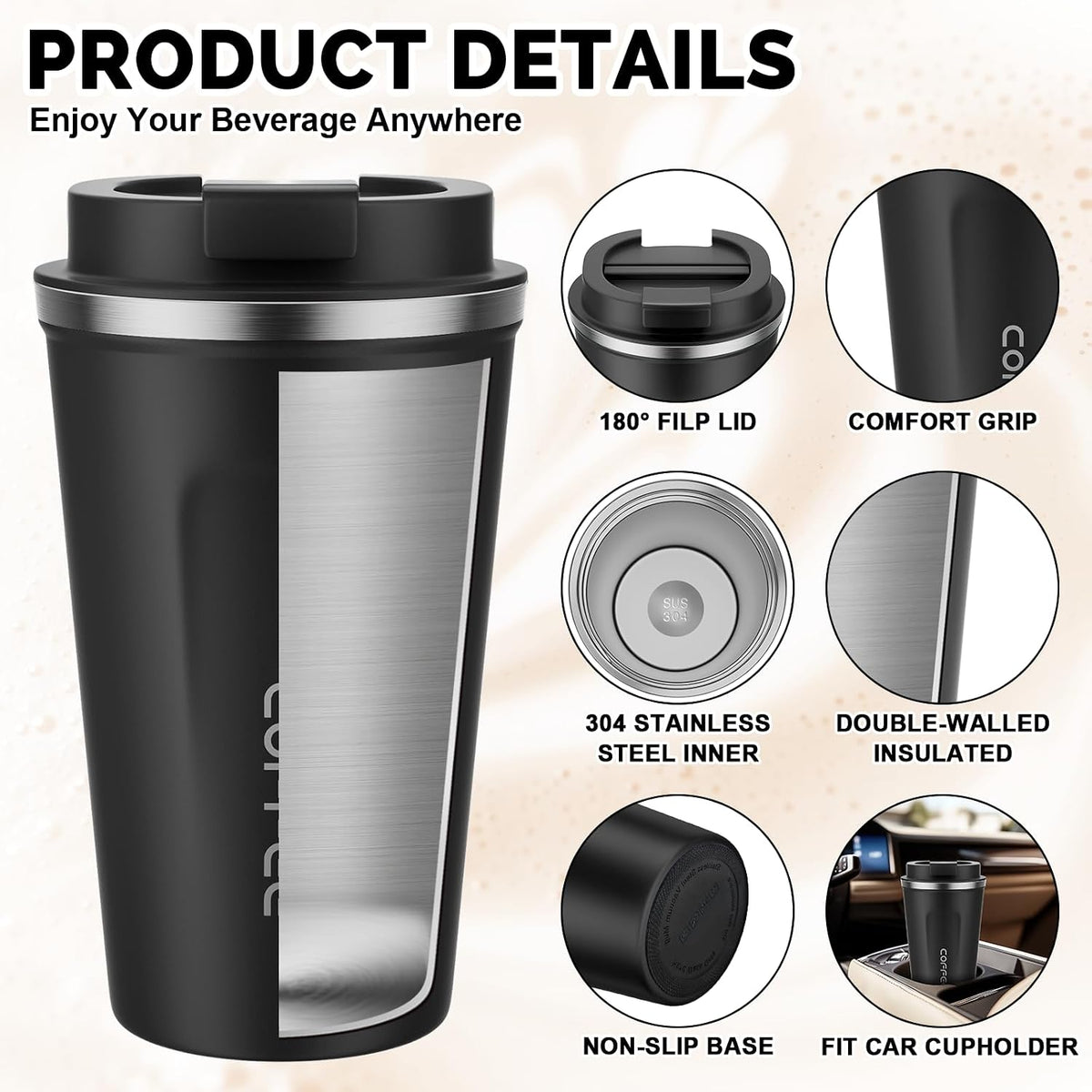 12oz Travel Coffee Mug, Insulated Coffee Cup with Leakproof Lid