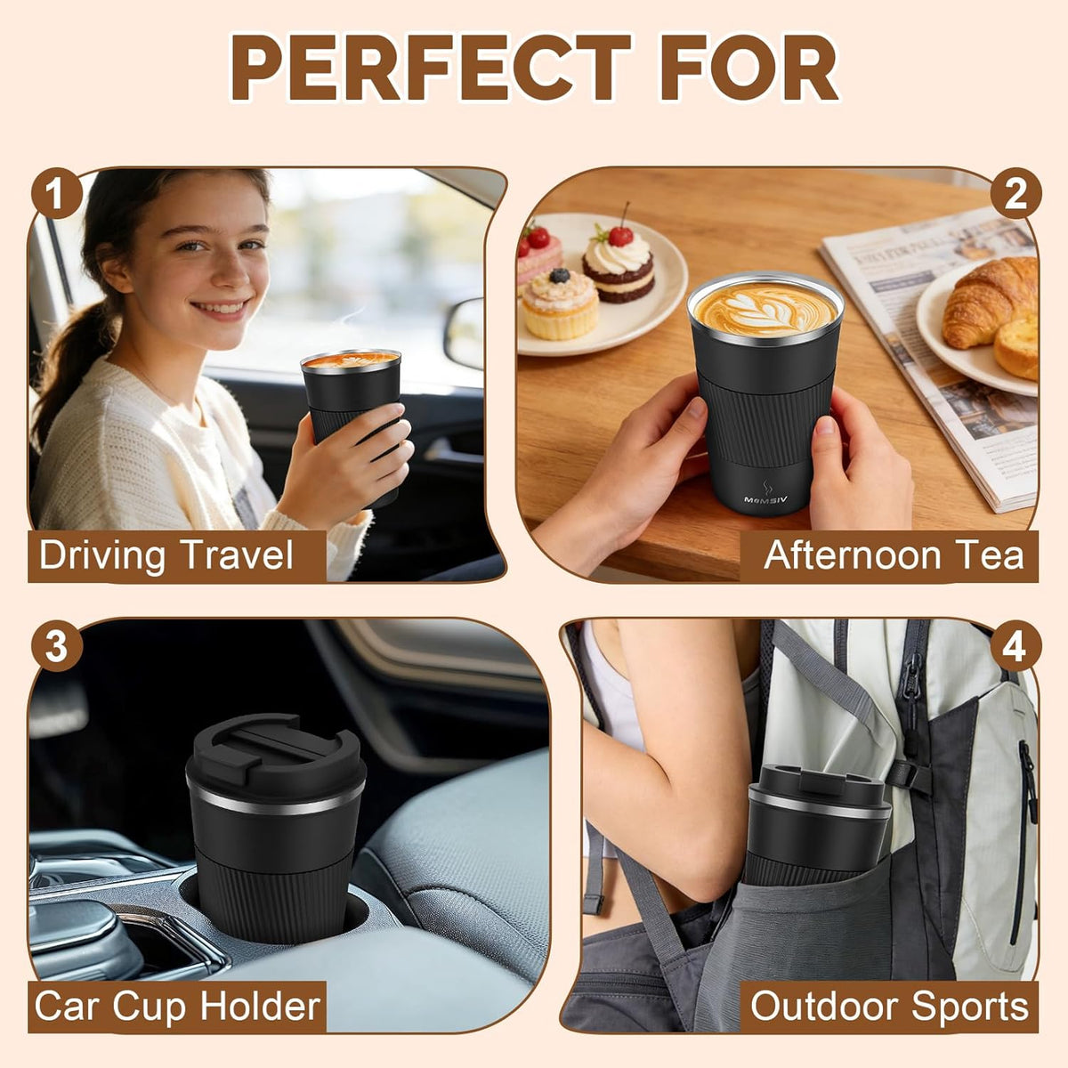 12oz Travel Coffee Mug, Insulated Coffee Cup with Leakproof Lid