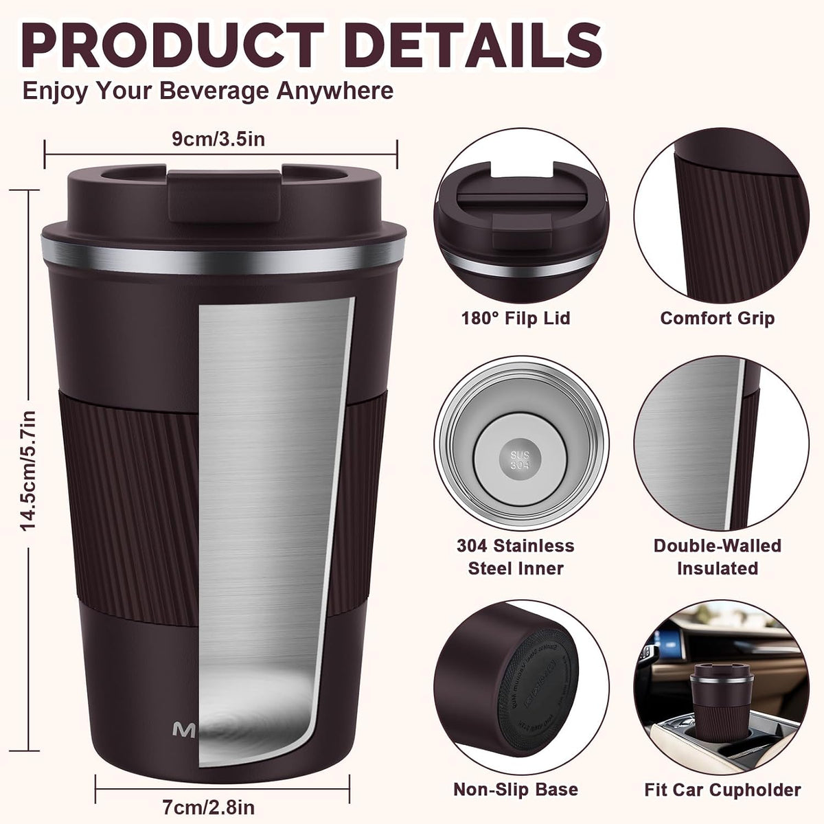 12oz Travel Coffee Mug, Insulated Coffee Cup with Leakproof Lid