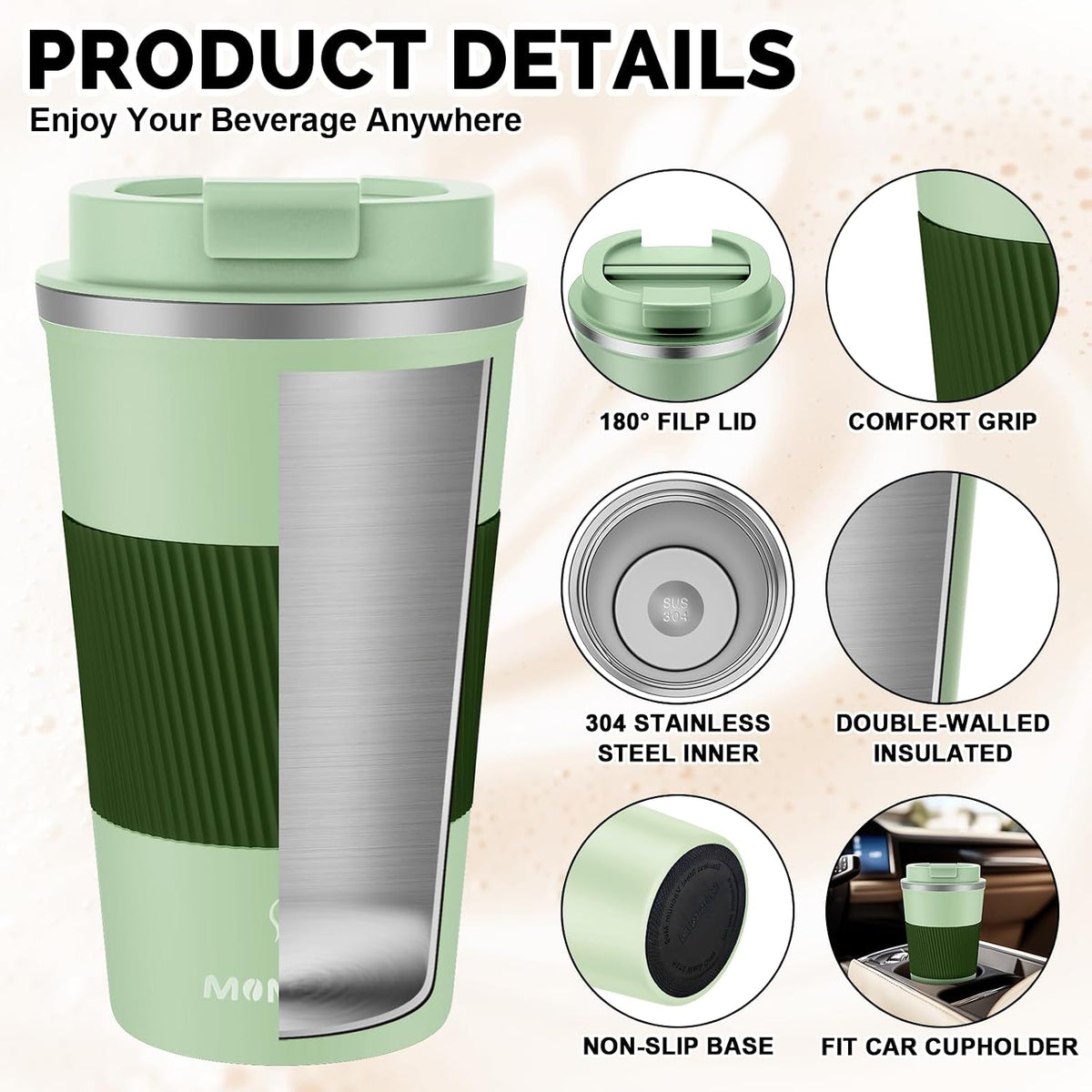 12oz Travel Coffee Mug, Insulated Coffee Cup with Leakproof Lid