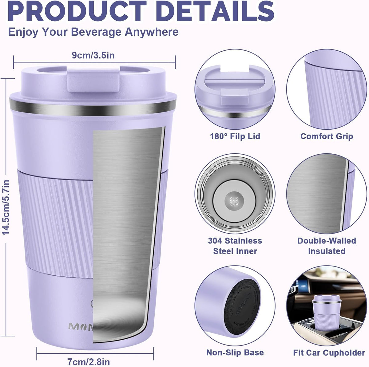 12oz Travel Coffee Mug, Insulated Coffee Cup with Leakproof Lid