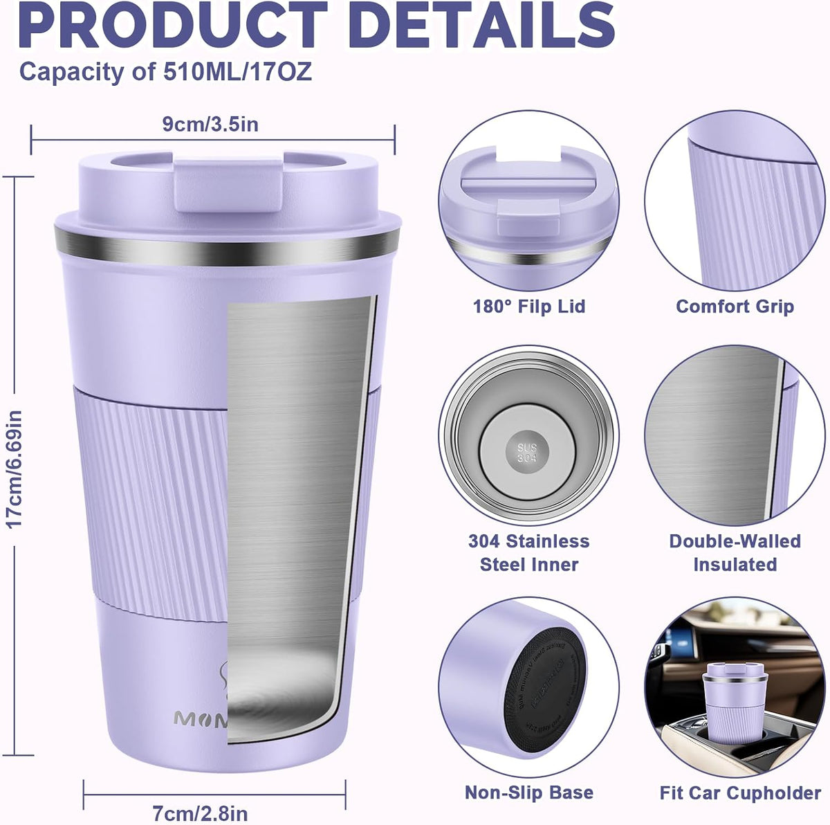12oz Travel Coffee Mug, Insulated Coffee Cup with Leakproof Lid