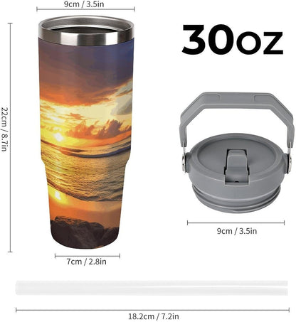 Stainless Steel Car Cup with Straw Tropical Floral Leaves Print Leakproof Tumbler Coffee Mug Double Wall Thermal Design for Hot Cold Beverages Perfect for Travel Home Car Use