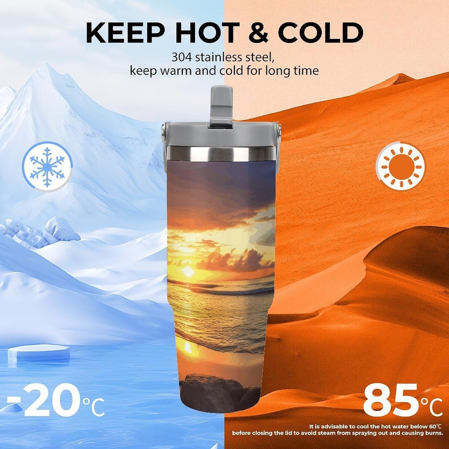 Stainless Steel Car Cup with Straw Tropical Floral Leaves Print Leakproof Tumbler Coffee Mug Double Wall Thermal Design for Hot Cold Beverages Perfect for Travel Home Car Use