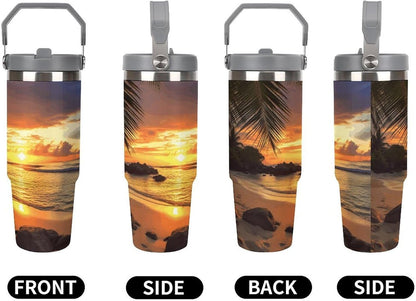 Stainless Steel Car Cup with Straw Tropical Floral Leaves Print Leakproof Tumbler Coffee Mug Double Wall Thermal Design for Hot Cold Beverages Perfect for Travel Home Car Use