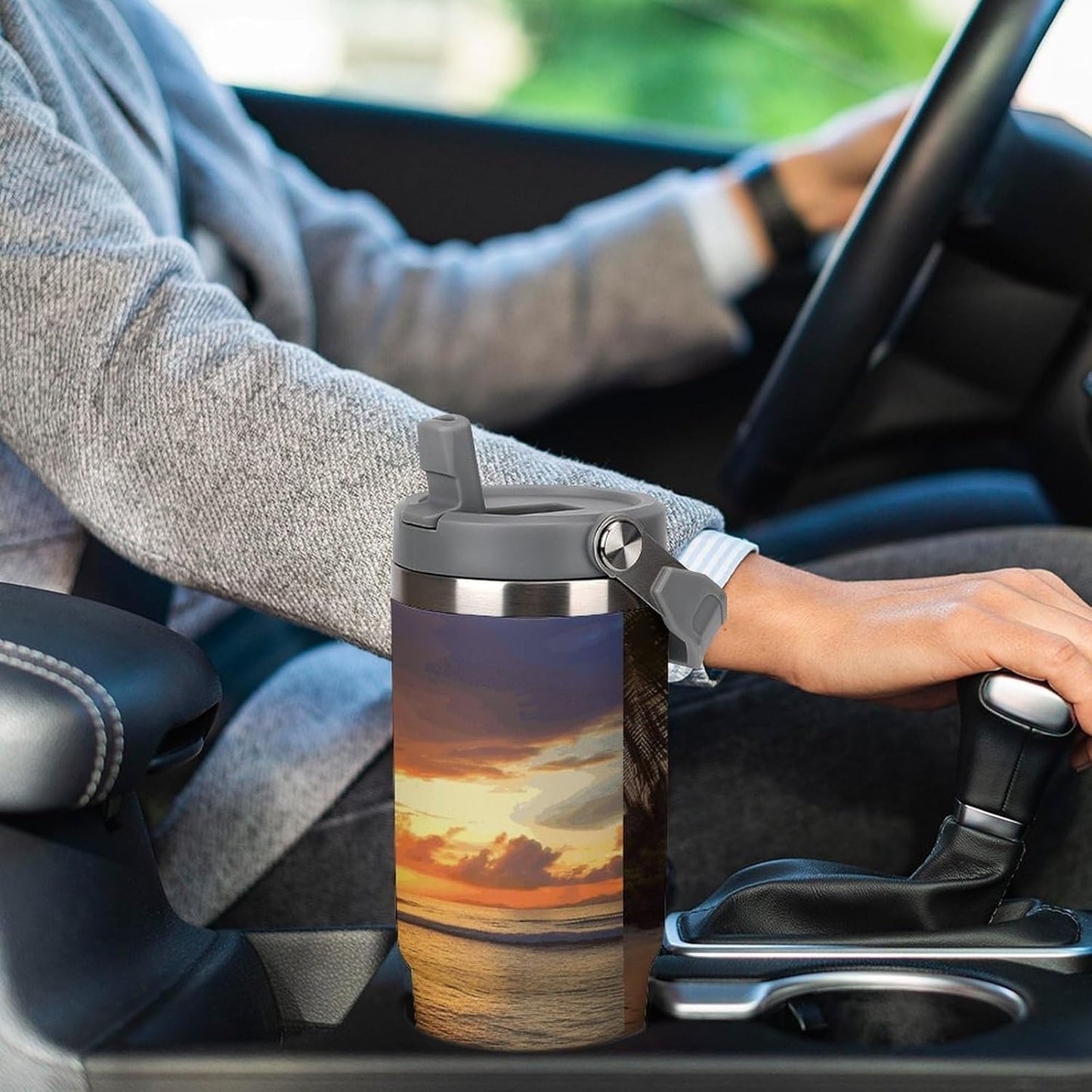 Stainless Steel Car Cup with Straw Tropical Floral Leaves Print Leakproof Tumbler Coffee Mug Double Wall Thermal Design for Hot Cold Beverages Perfect for Travel Home Car Use