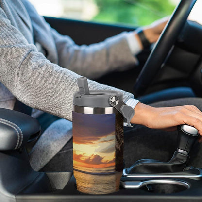 Stainless Steel Car Cup with Straw Tropical Floral Leaves Print Leakproof Tumbler Coffee Mug Double Wall Thermal Design for Hot Cold Beverages Perfect for Travel Home Car Use