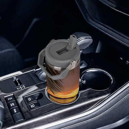 Stainless Steel Car Cup with Straw Tropical Floral Leaves Print Leakproof Tumbler Coffee Mug Double Wall Thermal Design for Hot Cold Beverages Perfect for Travel Home Car Use