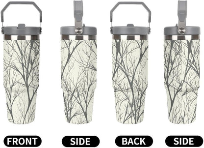 Stainless Steel Car Cup with Straw Tropical Floral Leaves Print Leakproof Tumbler Coffee Mug Double Wall Thermal Design for Hot Cold Beverages Perfect for Travel Home Car Use