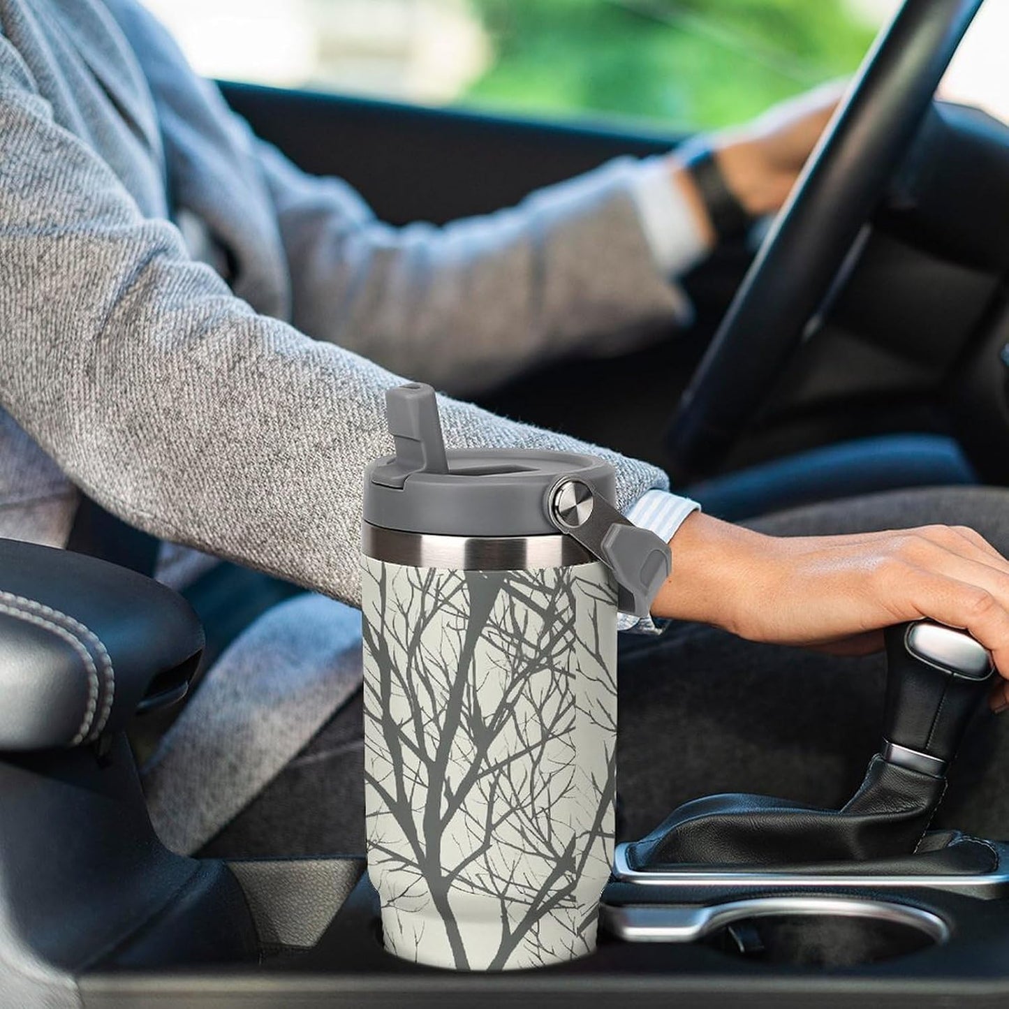 Stainless Steel Car Cup with Straw Tropical Floral Leaves Print Leakproof Tumbler Coffee Mug Double Wall Thermal Design for Hot Cold Beverages Perfect for Travel Home Car Use