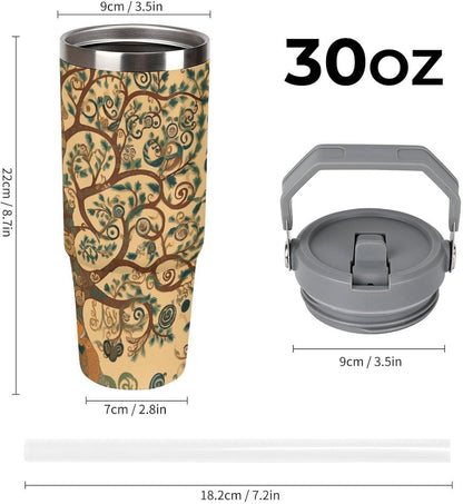 Stainless Steel Car Cup with Straw Tropical Floral Leaves Print Leakproof Tumbler Coffee Mug Double Wall Thermal Design for Hot Cold Beverages Perfect for Travel Home Car Use