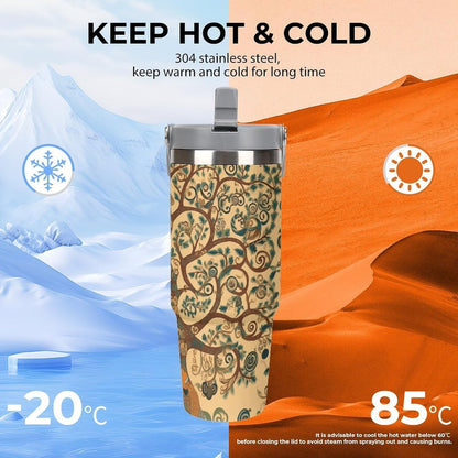 Stainless Steel Car Cup with Straw Tropical Floral Leaves Print Leakproof Tumbler Coffee Mug Double Wall Thermal Design for Hot Cold Beverages Perfect for Travel Home Car Use