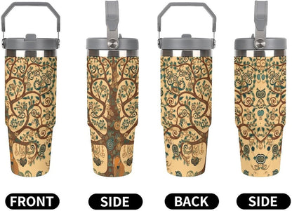 Stainless Steel Car Cup with Straw Tropical Floral Leaves Print Leakproof Tumbler Coffee Mug Double Wall Thermal Design for Hot Cold Beverages Perfect for Travel Home Car Use