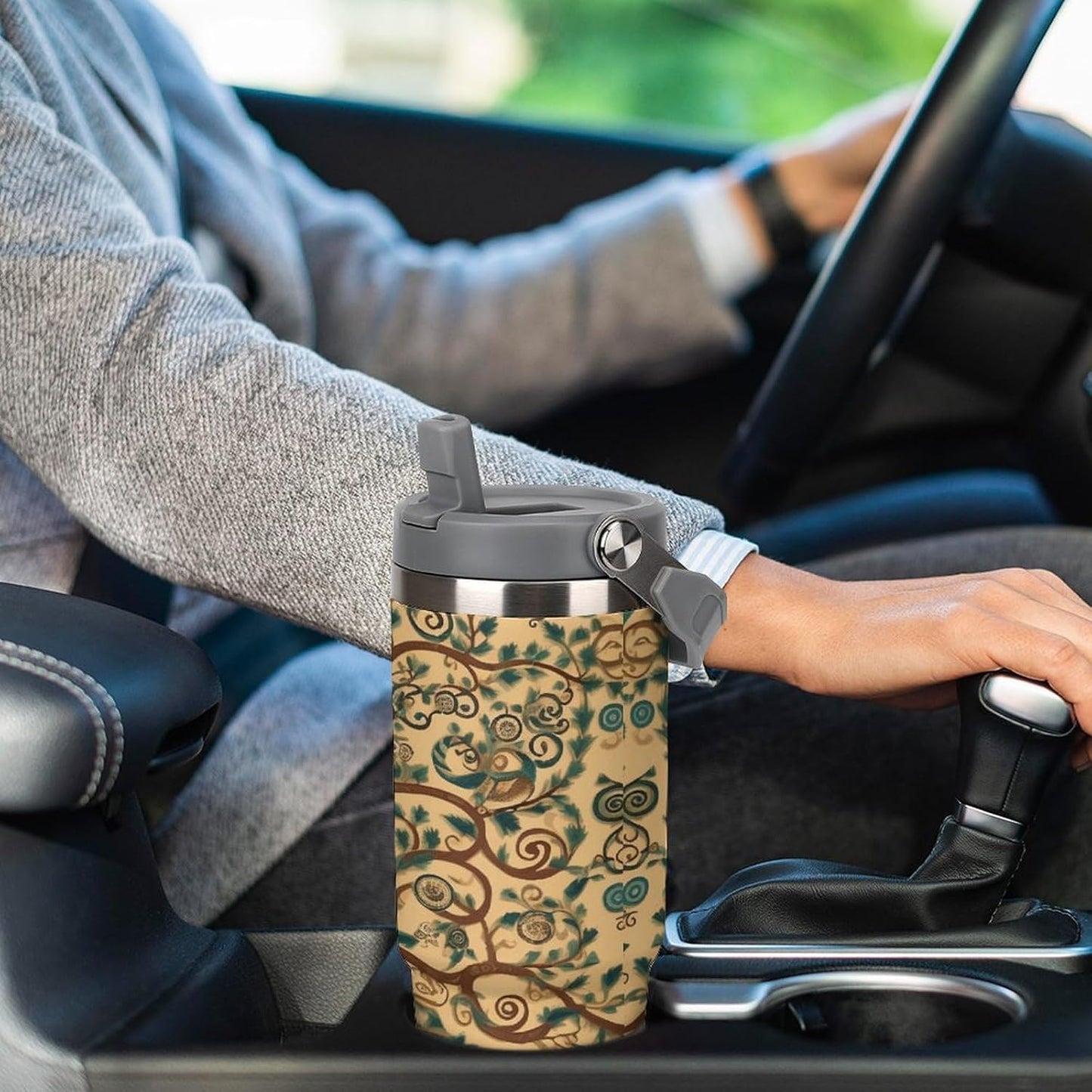 Stainless Steel Car Cup with Straw Tropical Floral Leaves Print Leakproof Tumbler Coffee Mug Double Wall Thermal Design for Hot Cold Beverages Perfect for Travel Home Car Use