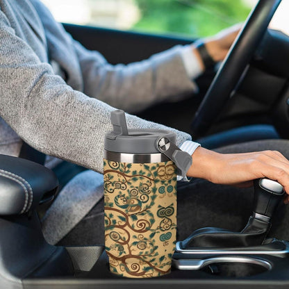 Stainless Steel Car Cup with Straw Tropical Floral Leaves Print Leakproof Tumbler Coffee Mug Double Wall Thermal Design for Hot Cold Beverages Perfect for Travel Home Car Use