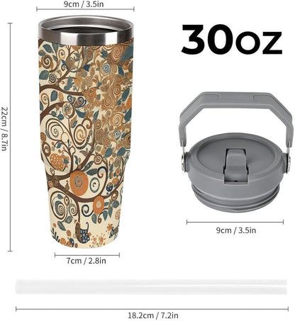Stainless Steel Car Cup with Straw Tropical Floral Leaves Print Leakproof Tumbler Coffee Mug Double Wall Thermal Design for Hot Cold Beverages Perfect for Travel Home Car Use