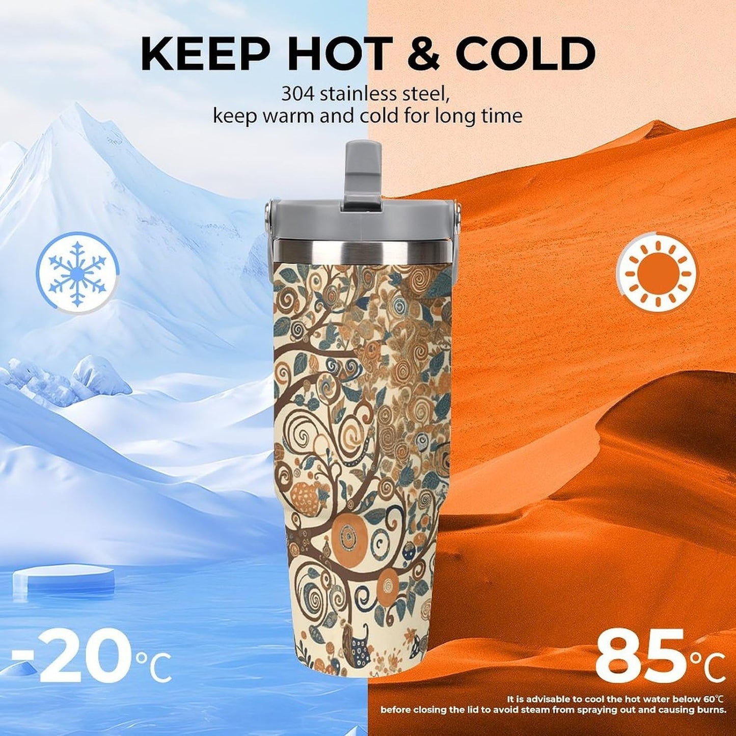 Stainless Steel Car Cup with Straw Tropical Floral Leaves Print Leakproof Tumbler Coffee Mug Double Wall Thermal Design for Hot Cold Beverages Perfect for Travel Home Car Use
