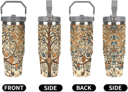 Stainless Steel Car Cup with Straw Tropical Floral Leaves Print Leakproof Tumbler Coffee Mug Double Wall Thermal Design for Hot Cold Beverages Perfect for Travel Home Car Use