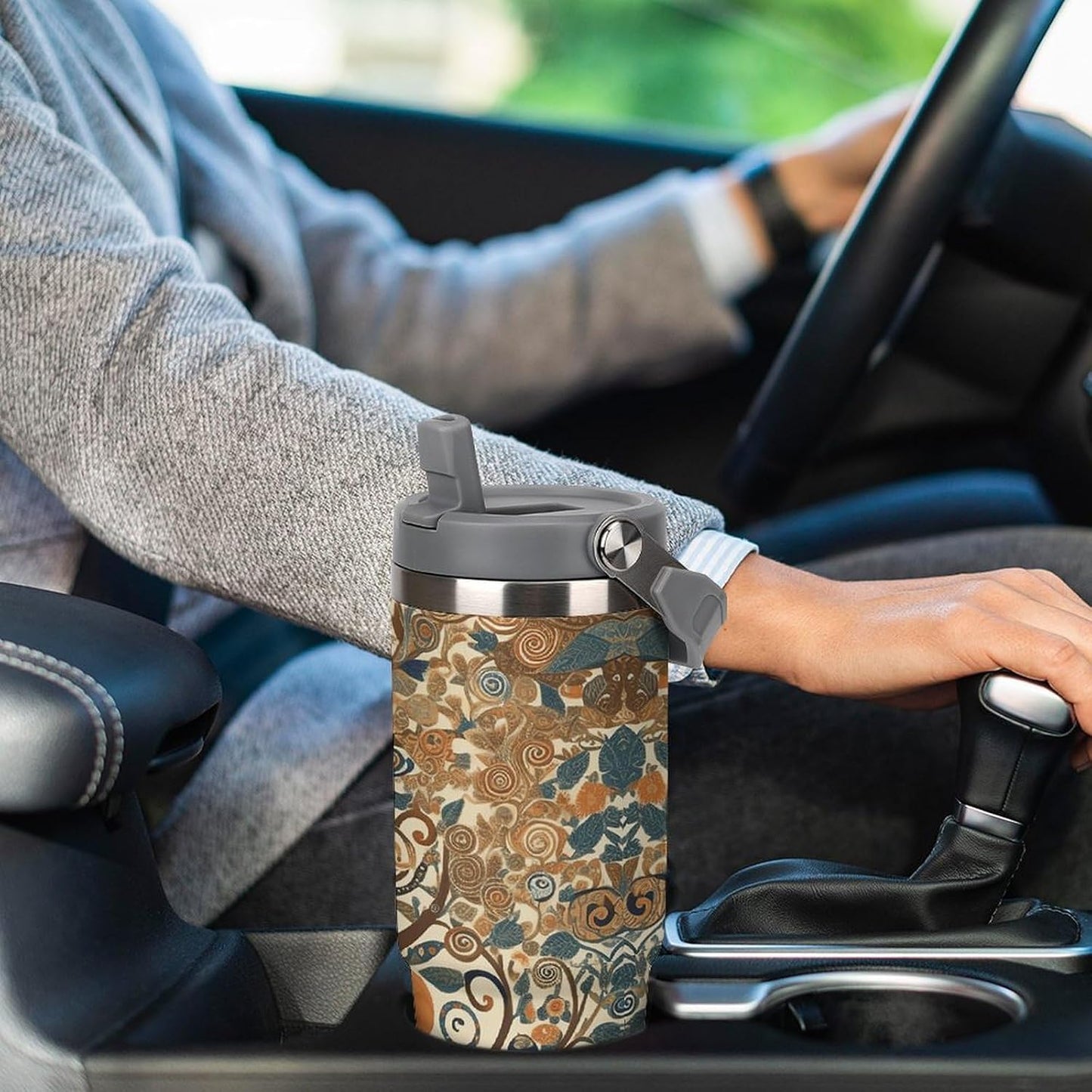 Stainless Steel Car Cup with Straw Tropical Floral Leaves Print Leakproof Tumbler Coffee Mug Double Wall Thermal Design for Hot Cold Beverages Perfect for Travel Home Car Use