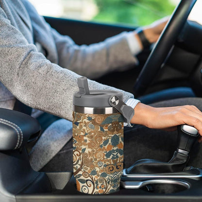 Stainless Steel Car Cup with Straw Tropical Floral Leaves Print Leakproof Tumbler Coffee Mug Double Wall Thermal Design for Hot Cold Beverages Perfect for Travel Home Car Use