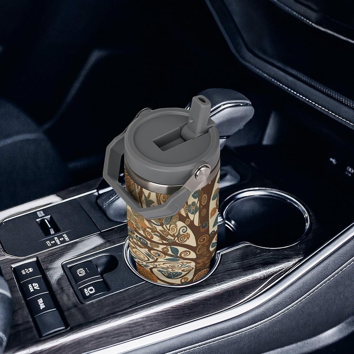 Stainless Steel Car Cup with Straw Tropical Floral Leaves Print Leakproof Tumbler Coffee Mug Double Wall Thermal Design for Hot Cold Beverages Perfect for Travel Home Car Use