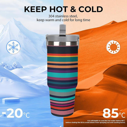 Stainless Steel Car Cup with Straw Tropical Floral Leaves Print Leakproof Tumbler Coffee Mug Double Wall Thermal Design for Hot Cold Beverages Perfect for Travel Home Car Use