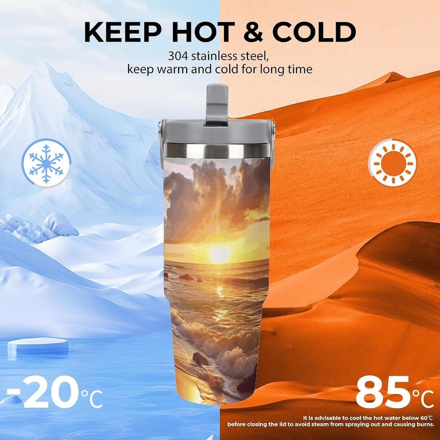 Stainless Steel Car Cup with Straw Tropical Floral Leaves Print Leakproof Tumbler Coffee Mug Double Wall Thermal Design for Hot Cold Beverages Perfect for Travel Home Car Use